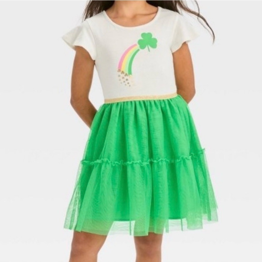 Cat & Jack Girls' St. Patrick's Day Tiered Tulle Short Sleeve Dress Size M/8